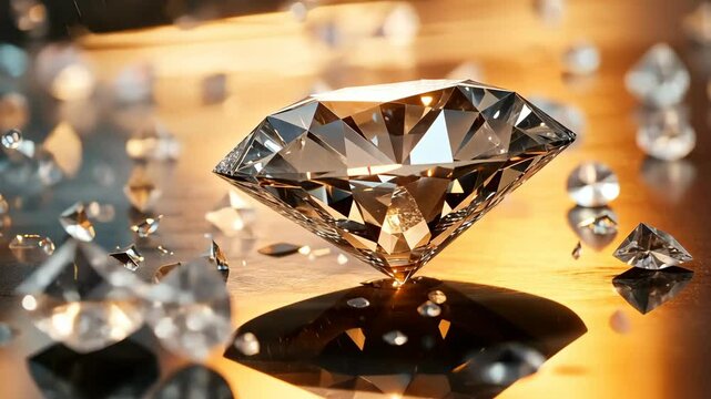 A large diamond sits on a golden surface, surrounded by smaller diamonds