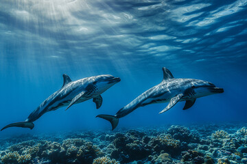 Fototapeta premium Selective focus dolphin on coral reef with sun light, Underwater shot of dolphin in the sea.