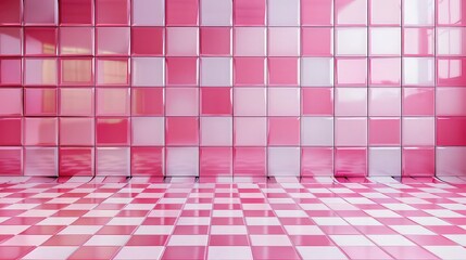 Pink and white glossy square tiles on a wall and checkered floor.