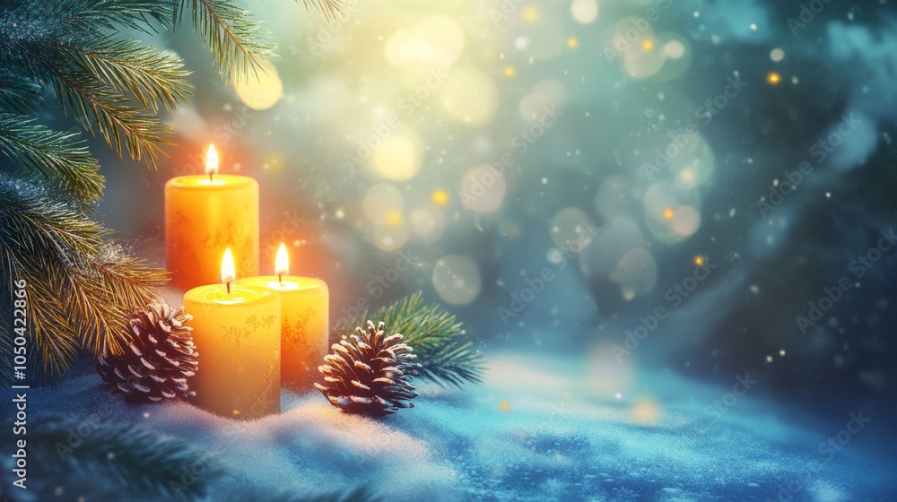 Aufkleber three glowing candles set against a blurred background of a snowy winter scene with sparkling lights