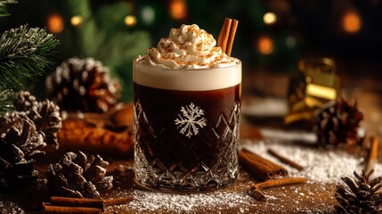 A cozy winter cocktail featuring a dark coffee-like drink topped with whipped cream, a cinnamon stick, and a snowflake design. Perfect for holiday gatherings and cozy nights.