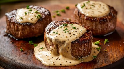 Delicious Filet Mignon with Creamy Parmesan Mustard Sauce, perfect for a special occasion, gourmet dining experience, food photography, and restaurant menu.