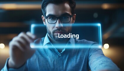 A businessman interacting with a virtual screen showcasing innovative tools and strategies in the workplace highlighting the integration of technology in business practices. Business technology