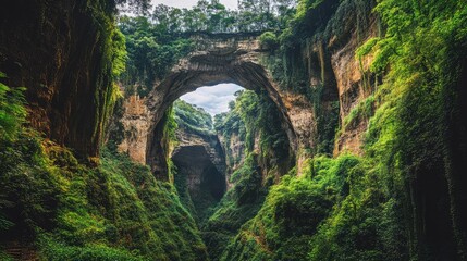 Fototapeta premium Panoramic view of the Three Natural Bridges, showcasing the deep gorge and lush greenery, with natural arches towering above. No people included.