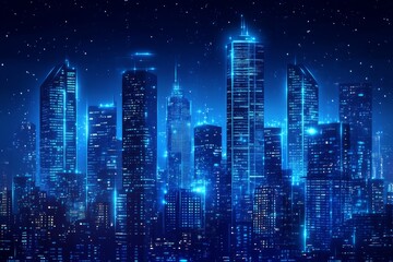 Naklejka premium Futuristic Cityscape Illuminated by Blue Lights, symbolizing technology, progress, urban life, innovation, and a modern metropolis.