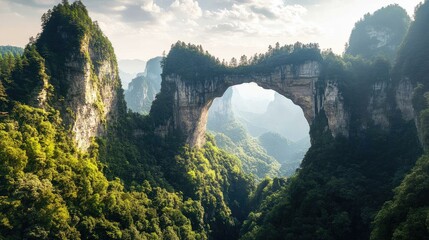 Scenic landscape of the Three Natural Bridges, China, with dramatic rock formations and dense forest covering the valley floor. No people included.