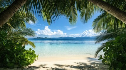 Fototapeta premium Scenic shot of a pristine, secluded beach on the Mamanuca Islands, framed by palm trees and clear blue waters. No people included.