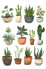 A collection of 12 different potted plants with various foliage, shapes and colors on a white background.