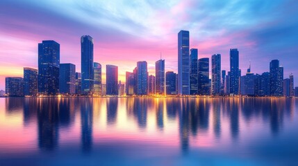 Fototapeta premium A breathtaking view of a modern cityscape with illuminated skyscrapers reflecting in the water at sunset, symbolizing progress, ambition, urban development, and the beauty of modern architecture.