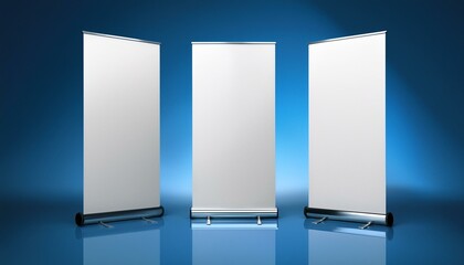 Mockup of Three Roll-Up Banners in a Studio with Blue Gradient Background. 3D Rendering