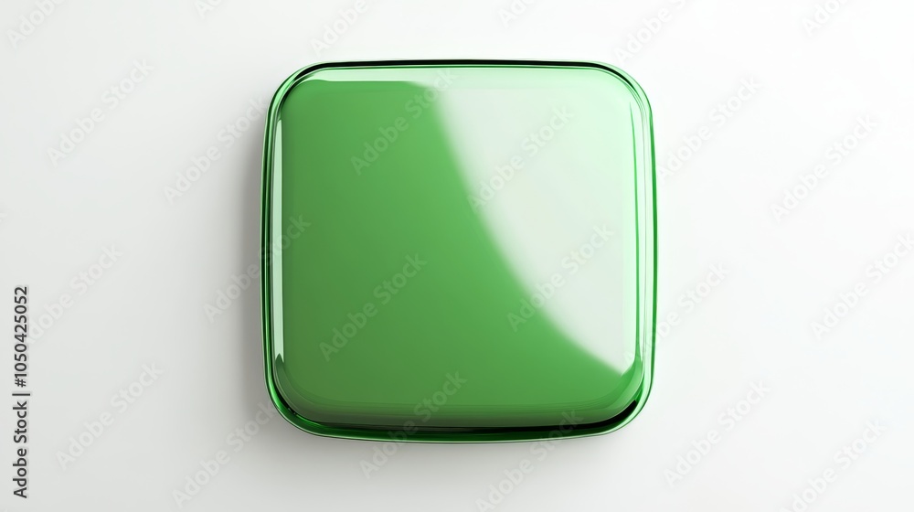 Poster a glossy green metal button with rounded edges, isolated on a clean white background. this button is