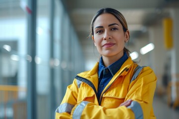 Fototapeta premium Hispanic female facility manager stands confidently in a bright industrial space during the day