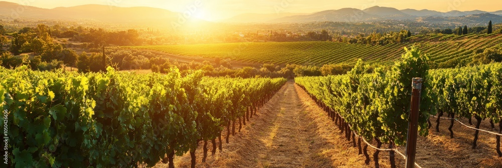 Poster a picturesque view of a vineyard with rows of grapevines bathed in the golden light of a setting sun