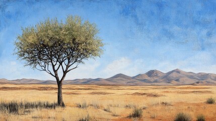 A solitary tree stands tall in a vast, dry landscape, symbolizing resilience, hope, and the beauty found in solitude. Mountains in the distance add to the sense of grandeur and vastness.