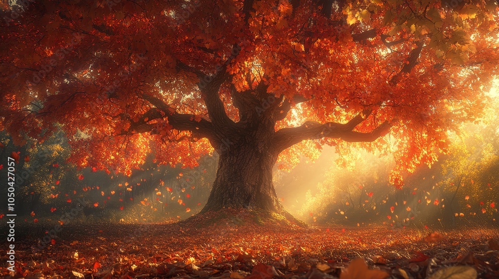 Poster a majestic tree with vibrant red foliage stands tall in a forest bathed in golden sunlight. its bran
