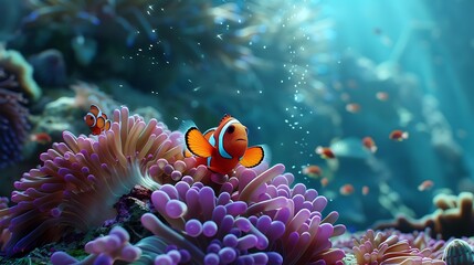 A clownfish nestled among the stinging tentacles of a sea anemone, forming a mutually beneficial relationship in the coral reef.