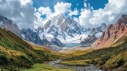 Obraz premium A breathtaking view of a majestic mountain range with a snow-capped peak, showcasing the beauty of nature, adventure, and serene landscapes.