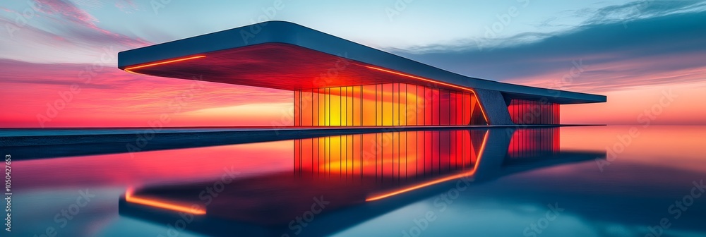 Poster modern architectural design with vibrant neon lights illuminating a sleek building against a stunnin