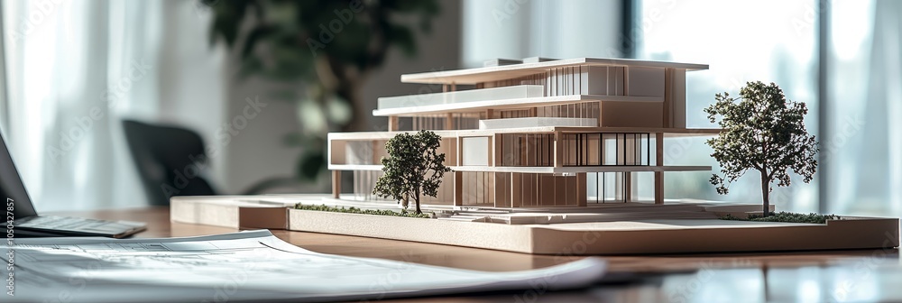 Poster a close-up of a modern architectural model, showcasing the intricate details and design. the model i
