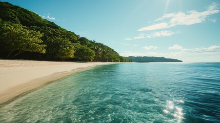 Obraz premium Tropical island view in the Mamanuca archipelago, with lush greenery, sandy beaches, and clear, tranquil waters. No people included.