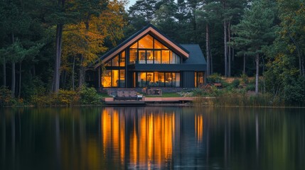 Obraz premium A modern, cozy cabin nestled on the edge of a calm lake, surrounded by trees. The warm light inside creates a welcoming ambiance, inviting relaxation and escape.