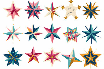 Obraz premium Set of 16 colorful star shapes in different designs isolated on white background.