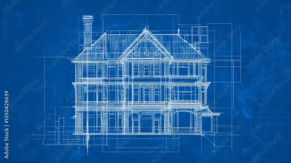 Poster blueprint design of a modern multi-story building with a classic facade, showcasing architectural de