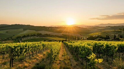 Fototapeta premium A peaceful vineyard in Tuscany during sunset, rural setting with rolling hills, Tuscan style