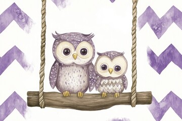 A sweet illustration of a mother owl and her baby owl sitting on a swing, showcasing the bond between parent and child. The owls are depicted with loving eyes, symbolizing care, protection, and wisdom