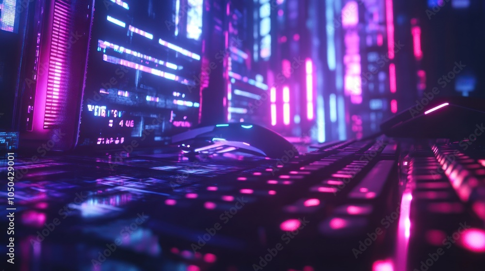 Poster a futuristic digital workspace with glowing neon lights, a keyboard, and a computer mouse.