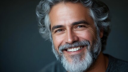 A portrait of a mature man with gray hair and a beard, smiling confidently. He exudes happiness, experience, and wisdom.