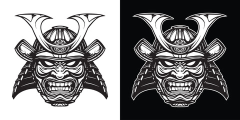 Retro vintage draw paint sketch in engraving style samurai scary mask helmet face illustration