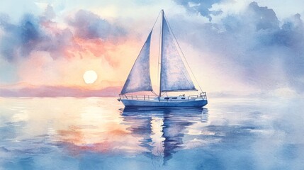 Fototapeta premium A solitary sailboat glides gracefully across calm waters as the sun sets, casting a warm glow on the sky and sea. The scene evokes a sense of peace, tranquility, and the beauty of nature.