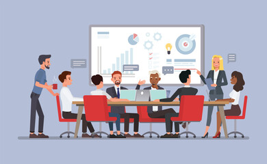 Marketing team in a meeting room concept. Business people character vector illustration design.