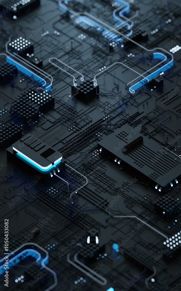 Leinwandbilder exploring the intricacies of a futuristic circuit board design with neon accents and complex connect