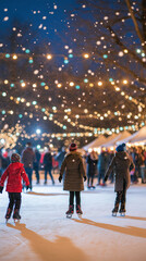 Obraz premium Winter market with string lights and crowd 