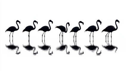 Fototapeta premium A line of eight silhouetted flamingos stand in a shallow body of water, their reflection creating a mirrored image of the birds, symbolizing balance, harmony, and nature's beauty.