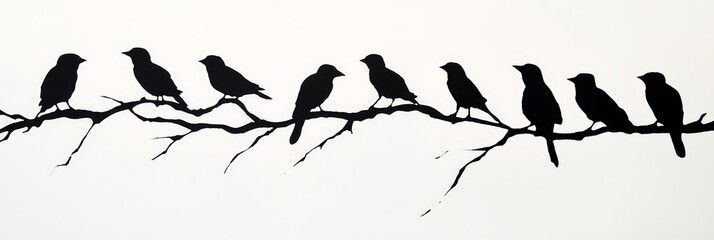 A simple silhouette of a flock of birds perched on a bare branch against a white background. It symbolizes unity, community, and the beauty of nature.