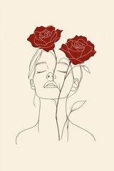 A minimal single line art of a woman with red roses blooming from her head, symbolizing love and passion, hand-drawn style minimalist line art, beige colors and deep red tones, cream-colored