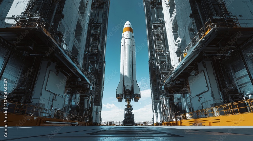Poster a low angle view of a spacecraft under construction inside a large assembly building. the rocket sta