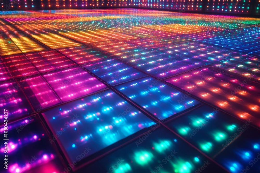 Poster a captivating night photograph of a vibrant lcd rgb grid floor, illuminating the space with a mesmer