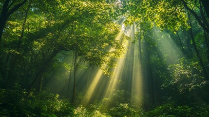 Obraz premium Sunbeams pierce through a dense green forest canopy, creating a magical and serene atmosphere. This image symbolizes peace, nature, renewal, growth, and tranquility.