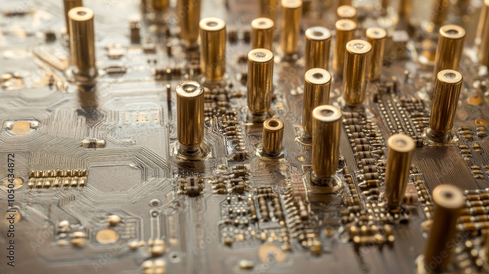 Poster close-up of a circuit board, showcasing intricate design and golden pins, representing the technolog