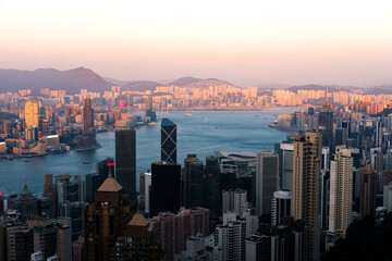 Aerial View of Victoria Harbour In Hong Kong at sunset time