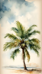 Watercolor painting of a palm tree with lush green fronds against a soft, textured background.