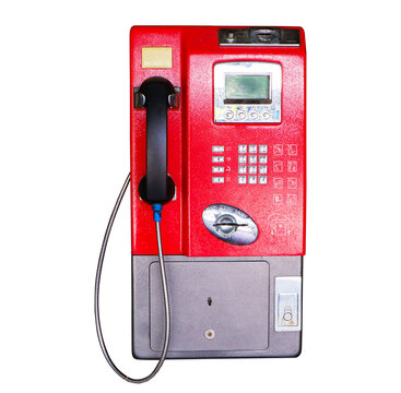 Public red old payphone coin isolated on cut out PNG or transparent background. Not popular now. Since most people use cell phones. But still found in the countryside. For vintage interior decoration.