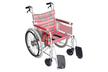 Old empty wheelchair red, black cloth isolated on cut out PNG or transparent background. Wheelchairs or wheelchairs are devices that help disabled people or patients with physical movement problems.