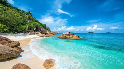 Fototapeta premium A pristine tropical beach with soft white sand, crystal clear turquoise water, and lush green vegetation. The image depicts a serene and idyllic escape to a beautiful beach destination.