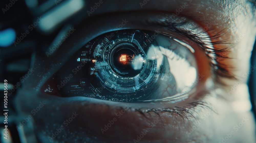 Poster a close-up of a futuristic eye with digital elements and circuitry.