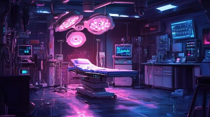 Obraz premium A futuristic operating room with an empty operating table, medical equipment, and a bright light shining on the table.